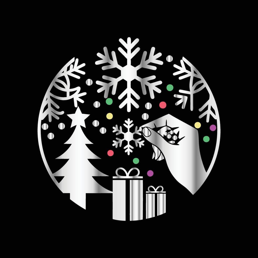 a hand is holding a gift box with snowflakes and a tree vector