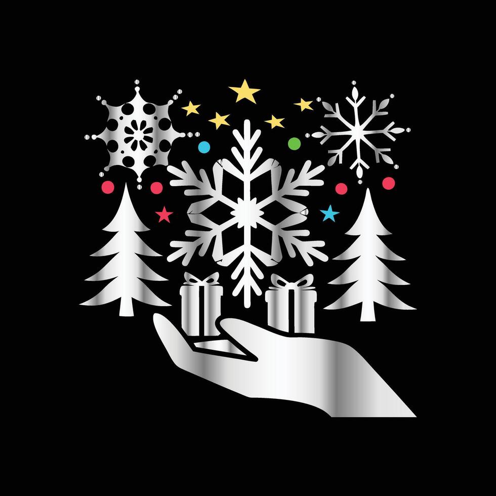 christmas tree and snowflake in hand with gift box vector