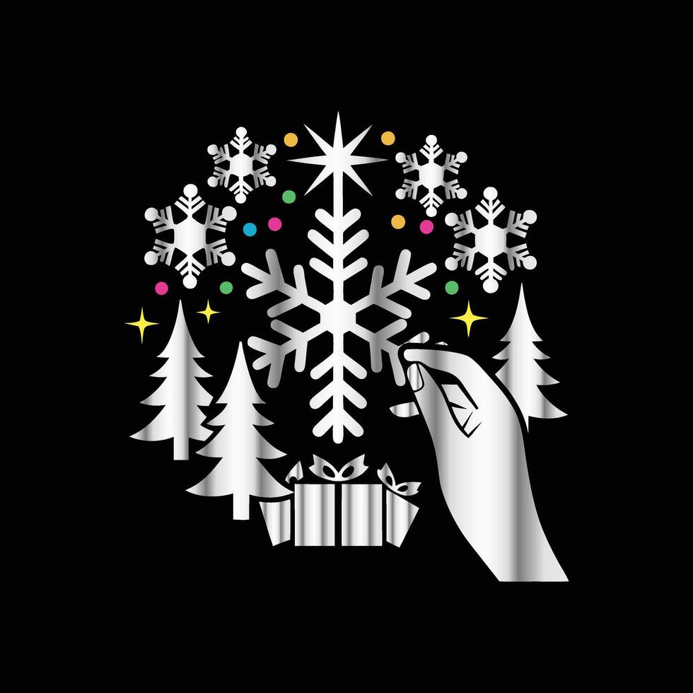 a hand holding a snowflake and a tree. vector