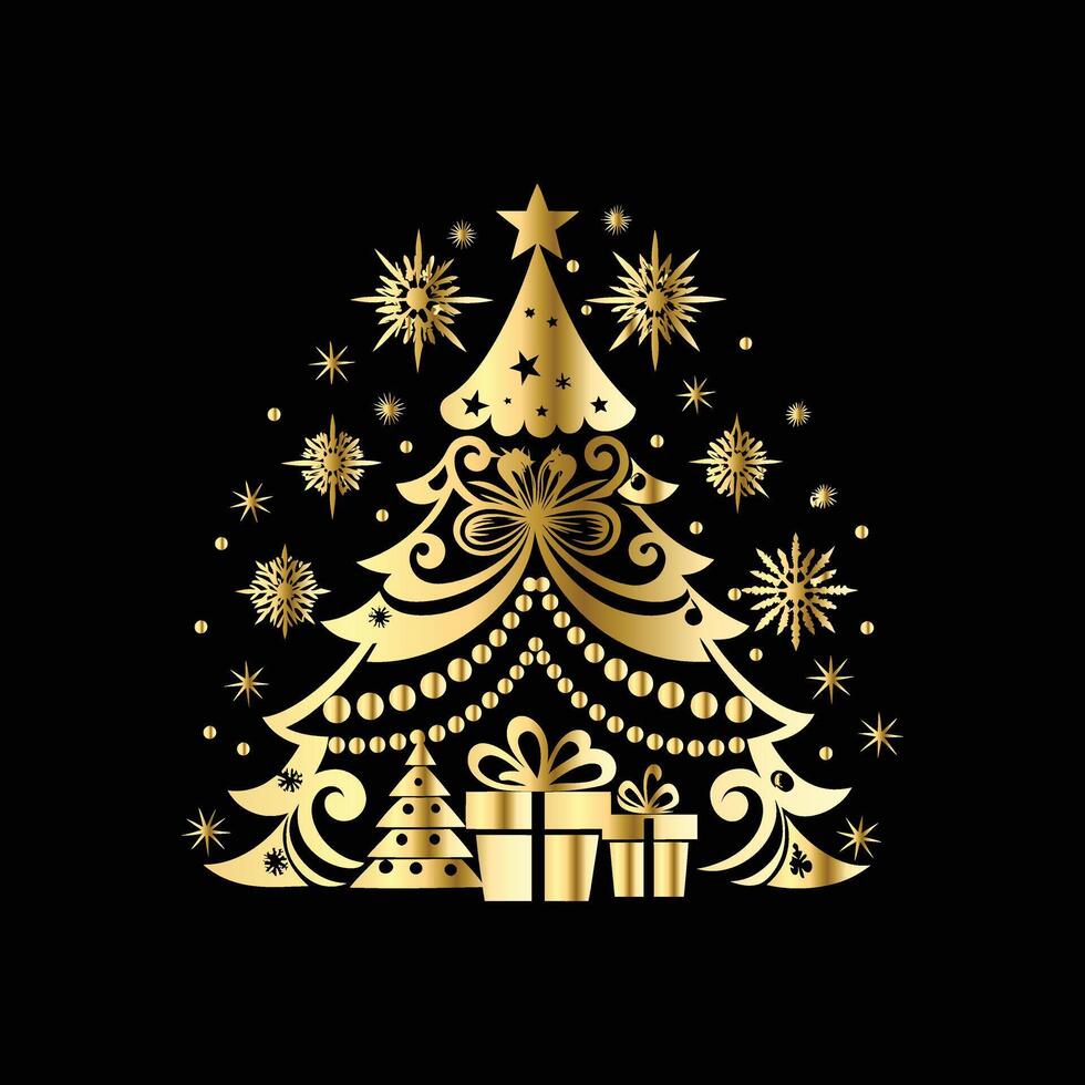 christmas tree with gold decorations on black background.. vector