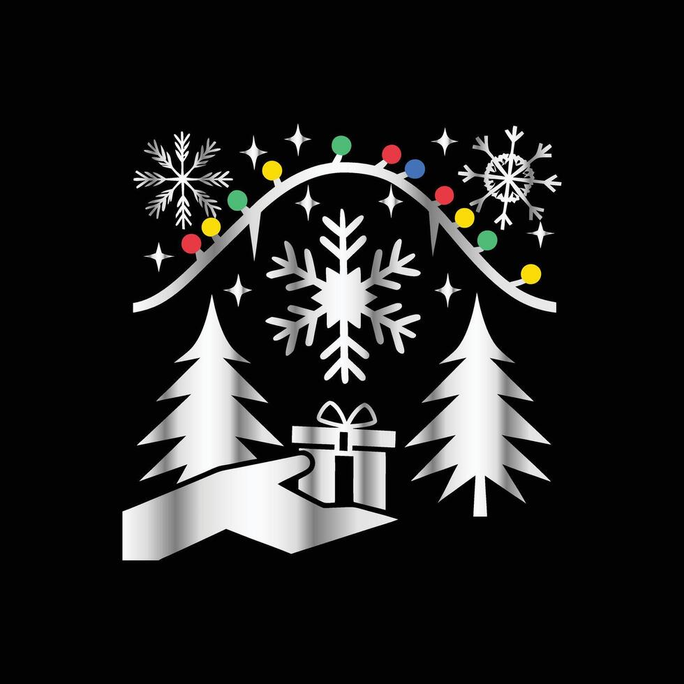a black background with a snowflake, tree, and presents vector