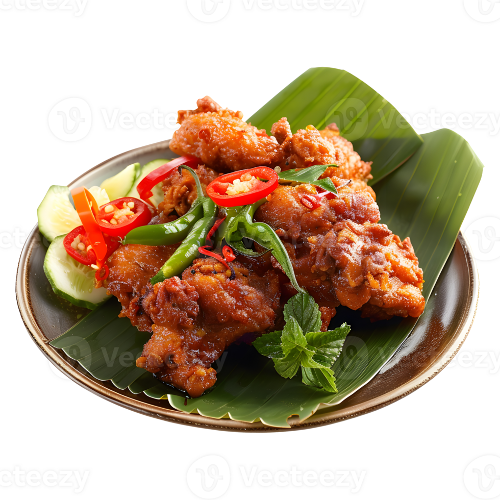A plate of fried chicken with vegetables and sauce png