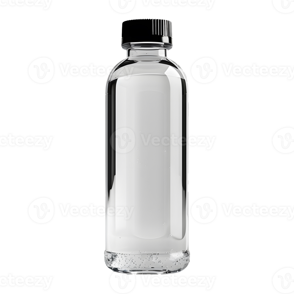 A clear glass bottle with a black lid png