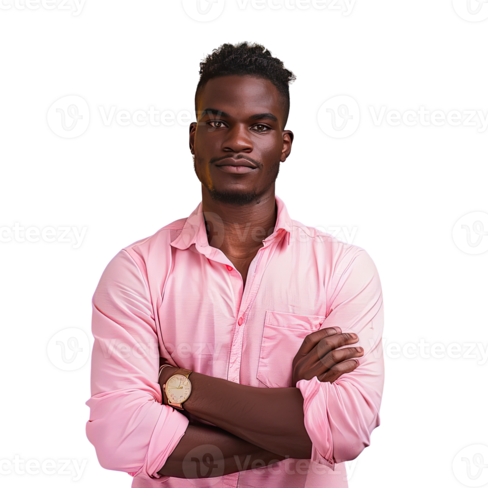 an african american man in pink shirt standing with his arms crossed png