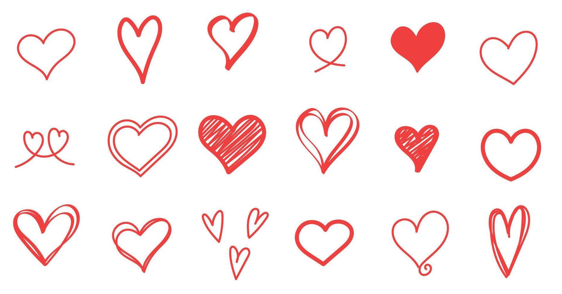 Set of doodle hand drawn red heart, love symbol collection vector