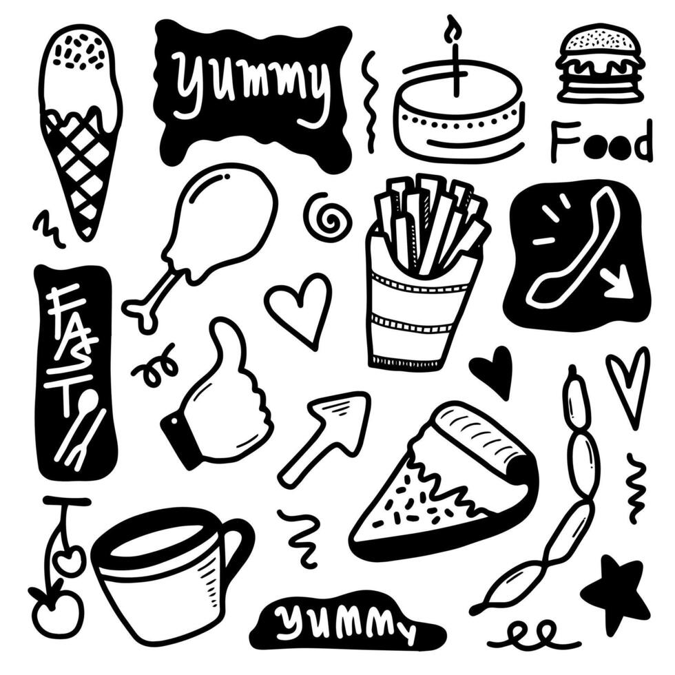 Fast food set. Cartoon doodle food. Pizza, burger, ice cream, cake, french fries and drink.Design elements for cafe and restaurant vector