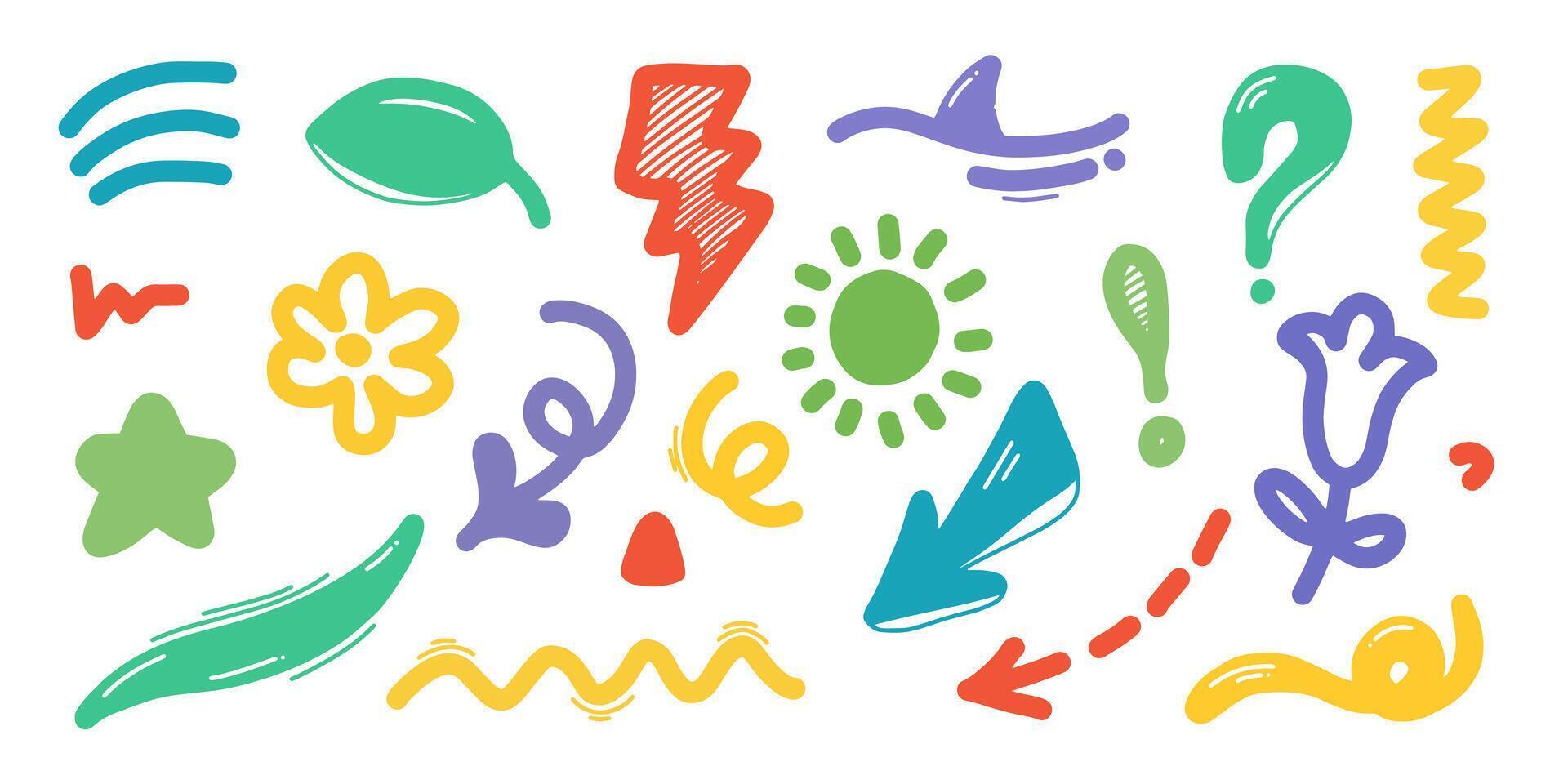 Colorful doodles with flowers, leaves, arrow and stars. doodle design element with Colorful Sparkles Abstract Background. vector