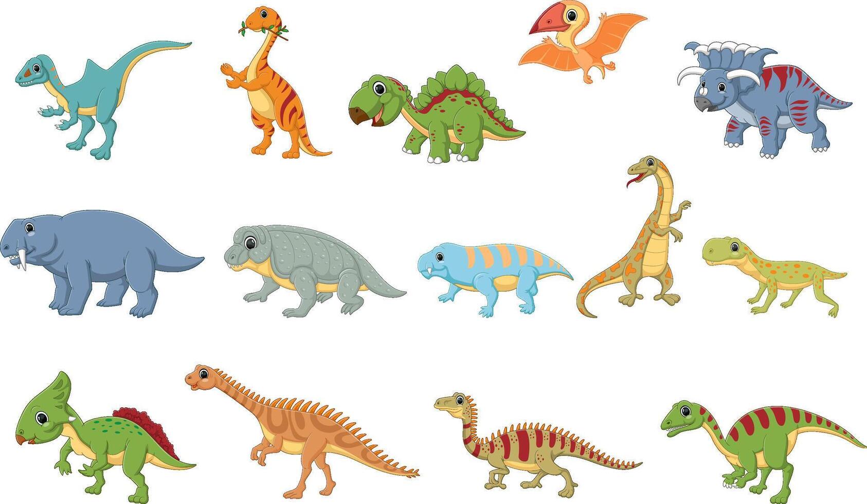 Cute childrens dinosaurs set. carnivorous, herbivorous and flying dinosaurs. vector
