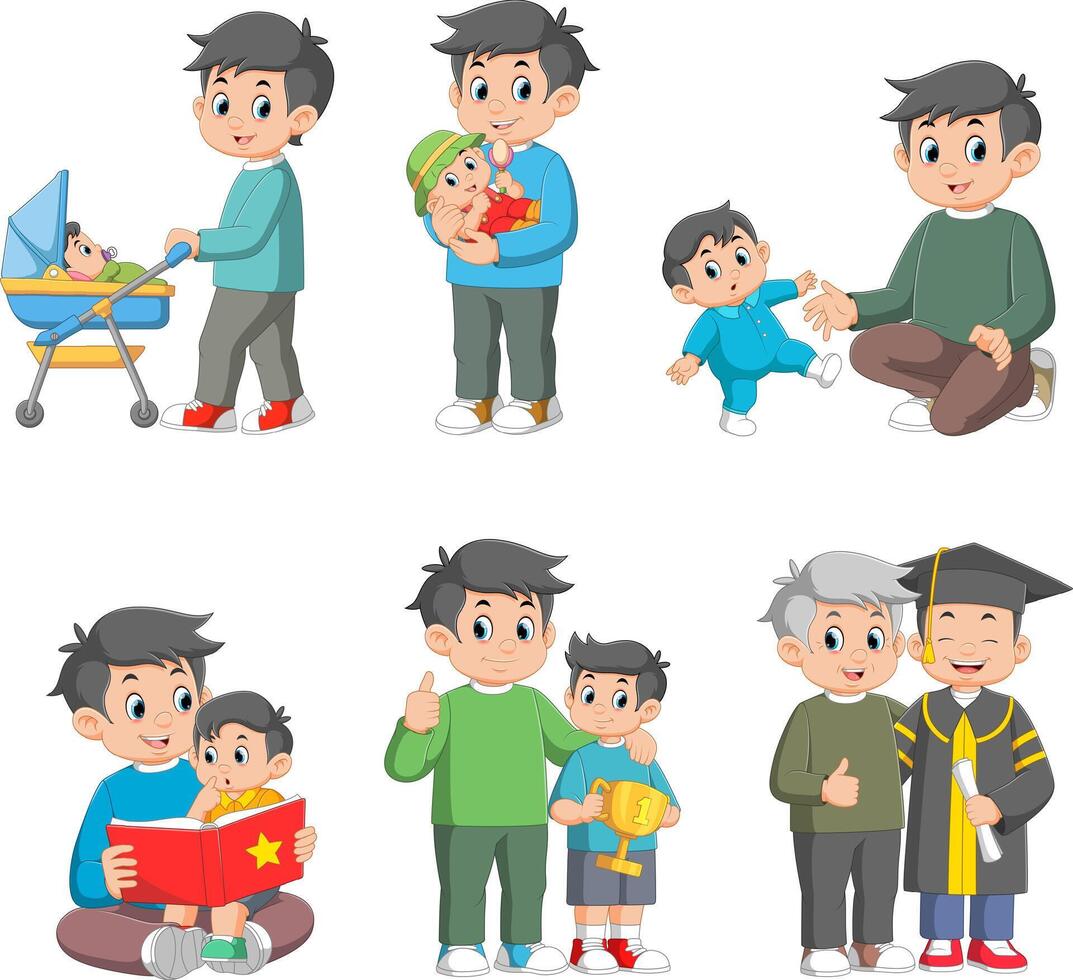 Father and son relationships set. Happy loving family, positive parenting and nurturing. Care, trust and support between parent and a child vector