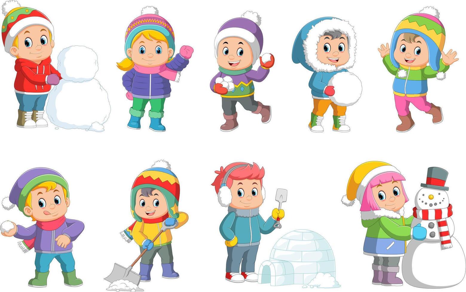 Children playing outside snowballs. Kids playing in winter outdoors. Colorful cartoon characters. vector