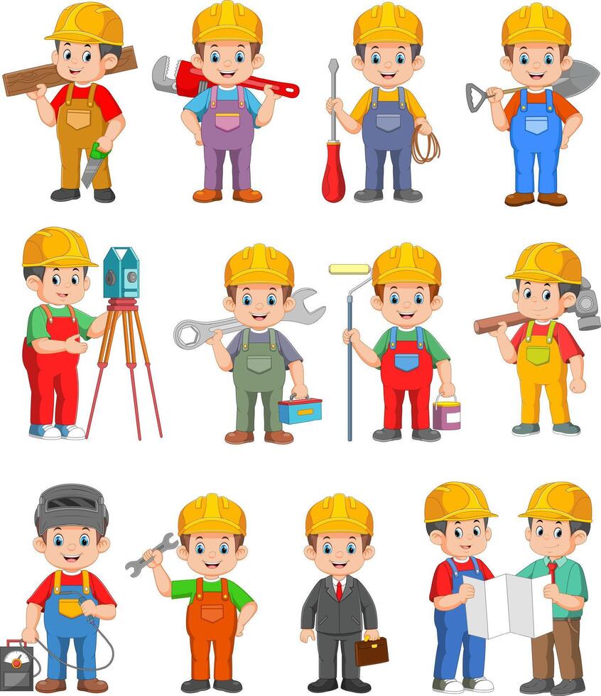 Diverse Team Of Construction Workers Use Various Tools And Equipment. Collaboration And Building Trade Professions vector