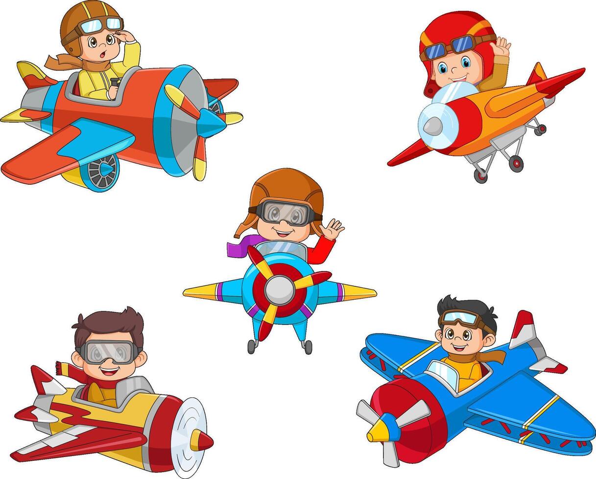 Set of children flying airplane illustration vector
