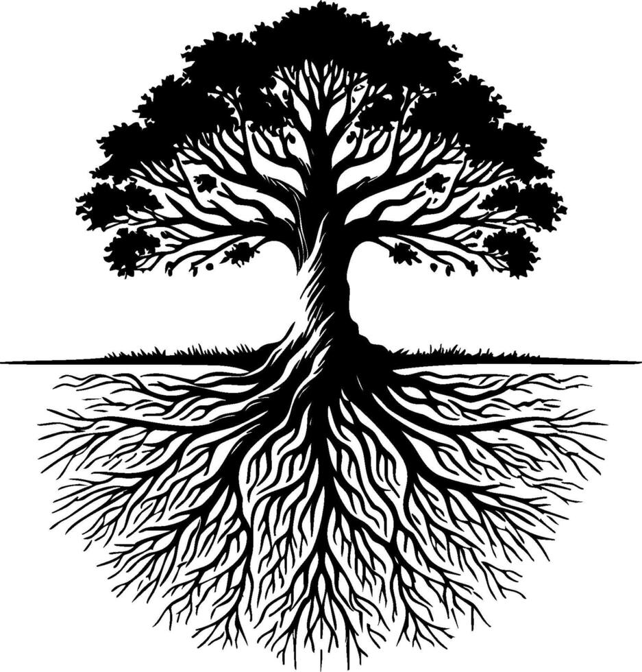 Tree with roots silhouette illustration vector