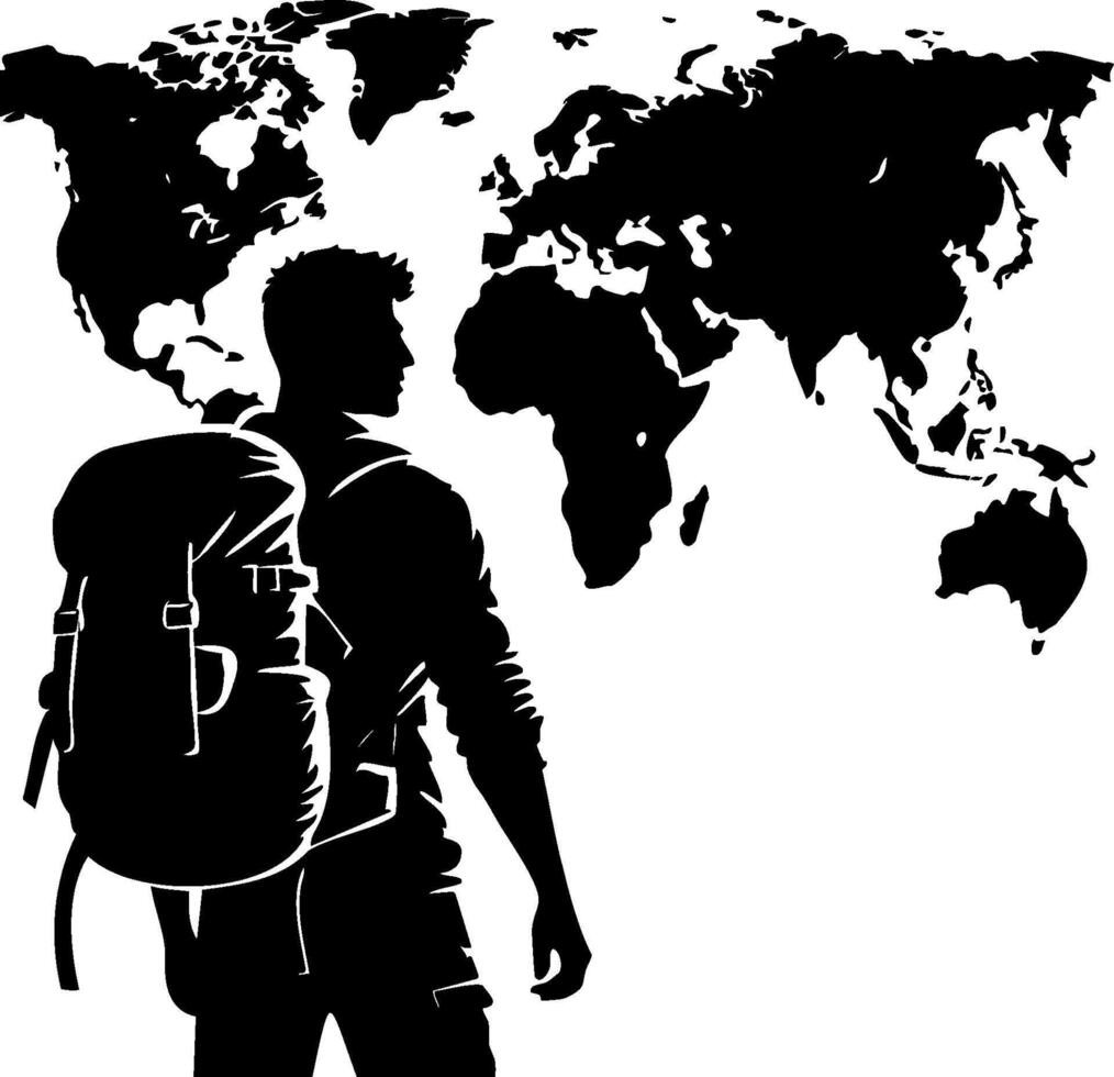 Backpacker traveler silhouette with world map vector