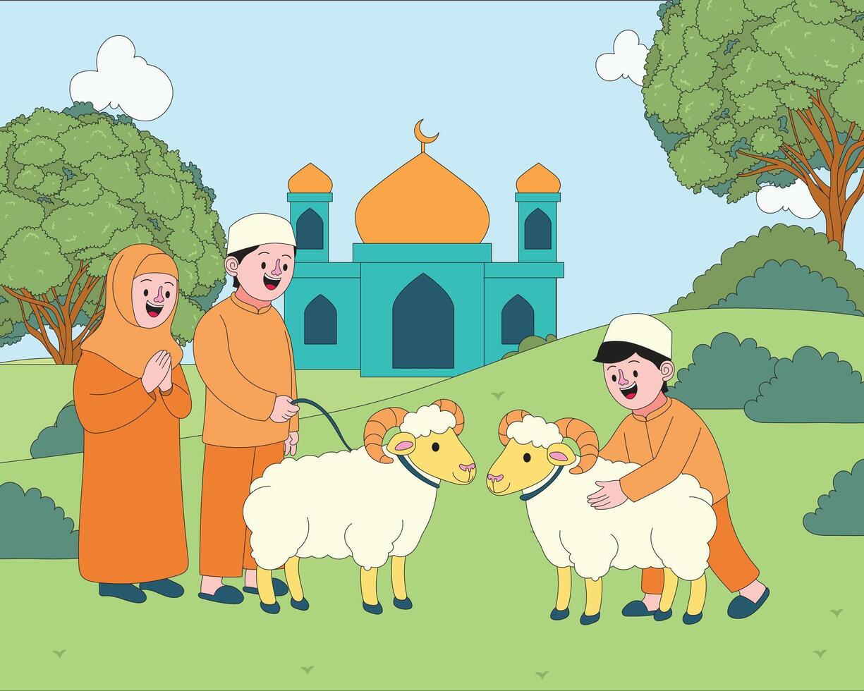 Flat cartoon style illustration of a Muslim family celebrating Eid al-Adha with sacrificial sheep near the mosque. A joyful Islamic festival promoting tradition, community, and religious values vector