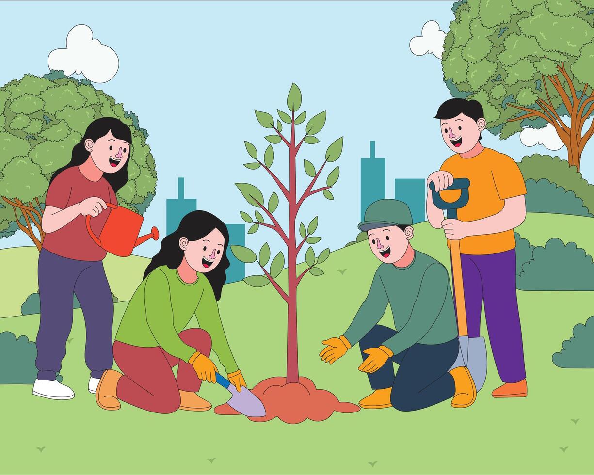 Cartoon flat illustration of adults planting a young tree in nature for World Environment Day. Promotes teamwork, sustainability, and environmental awareness through group eco activity vector