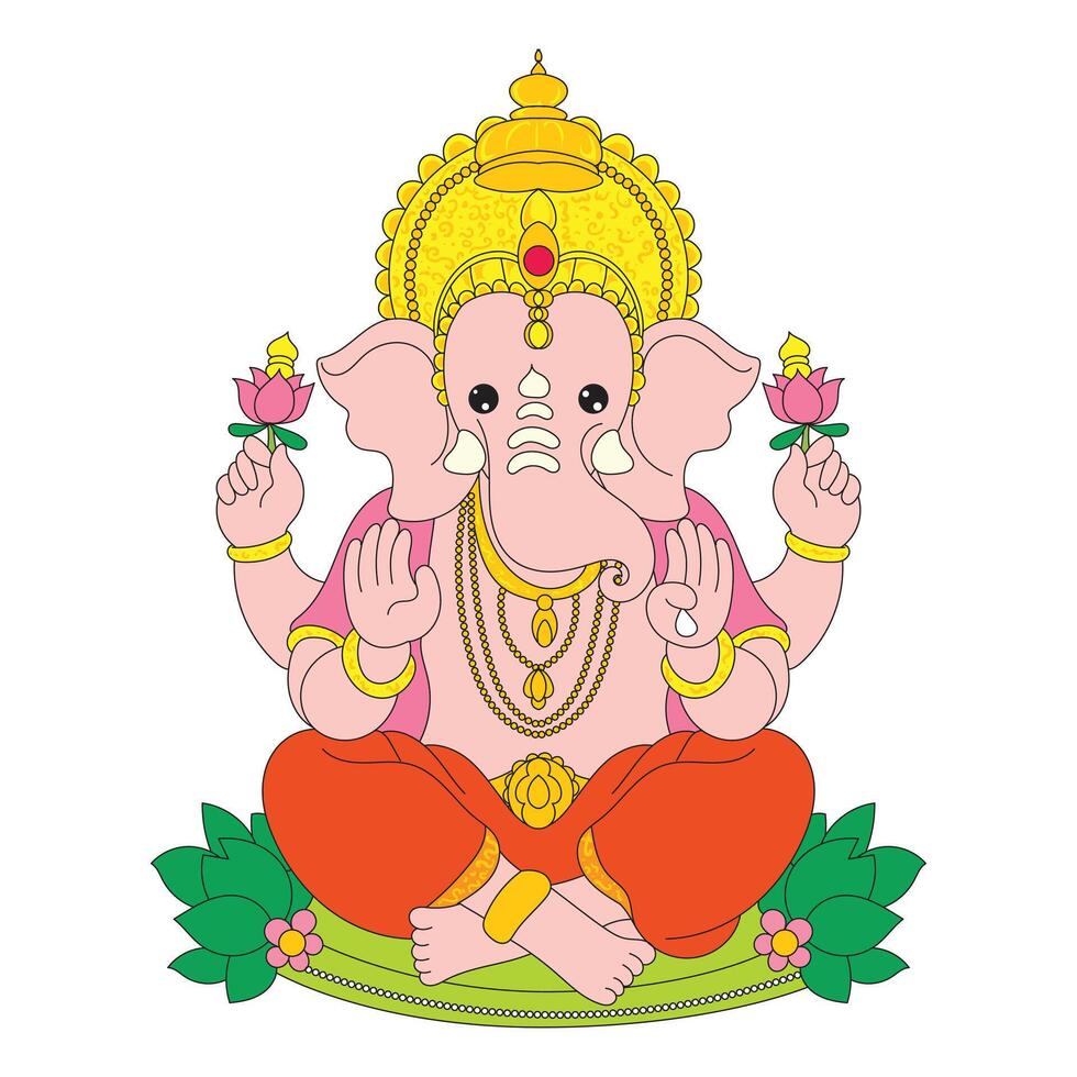 Flat or lowbrow style illustration of Ganesha, the elephant-headed Hindu god, in a cute and symbolic design. Ideal for spiritual, cultural, festive, or religious-themed art and design content. vector