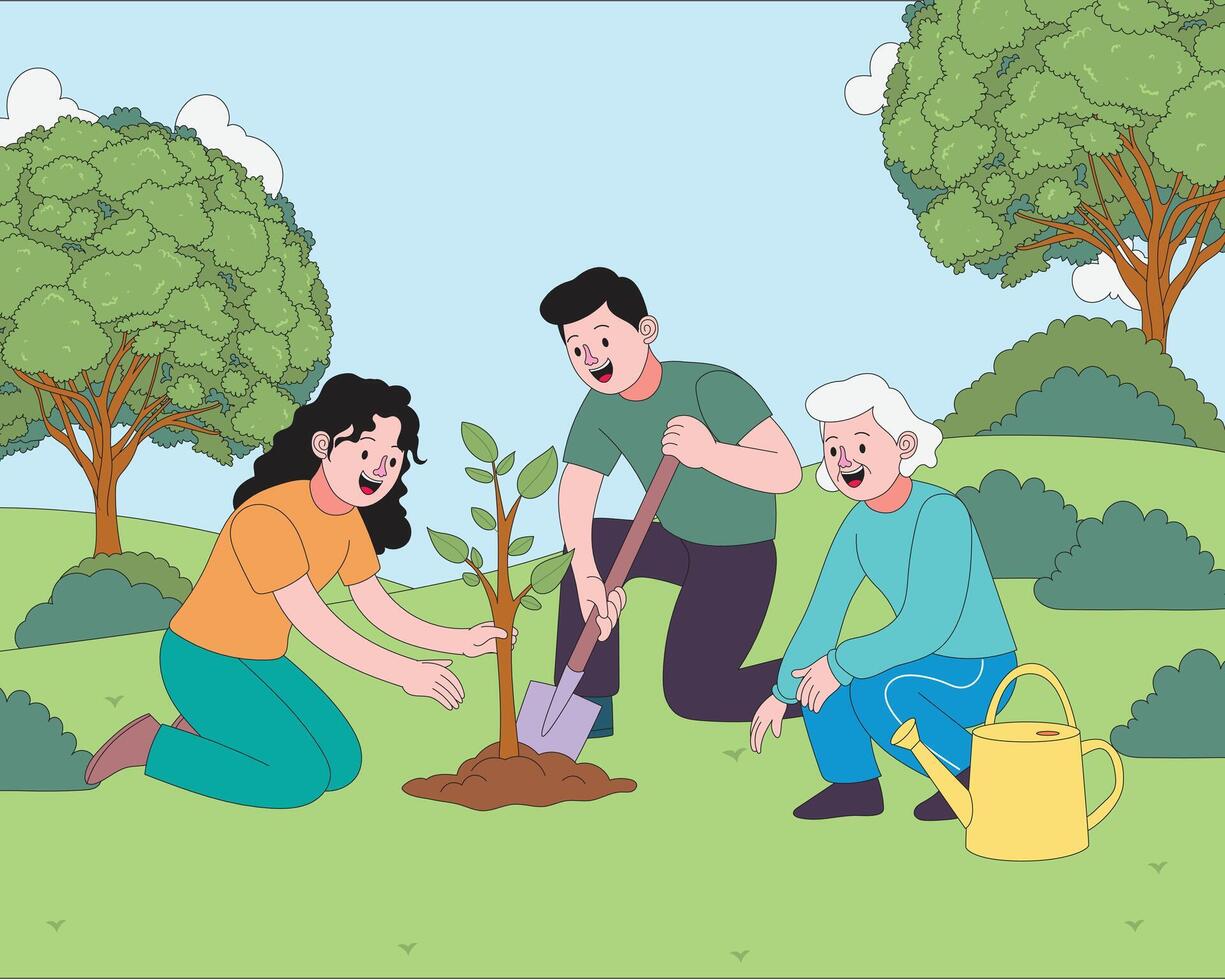 Flat cartoon illustration of people from different generations planting a tree together for World Environment Day. Great for eco awareness, sustainability, and community care themes. vector