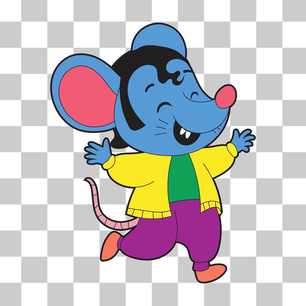 Cheerful mouse character in flat or lowbrow illustration style. Perfect for kids, animal designs, educational content, story visuals, and playful themes featuring cute and expressive cartoon rodents. vector