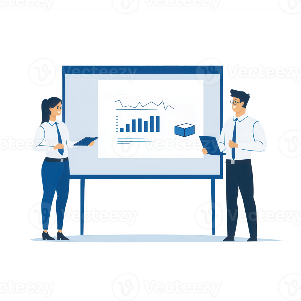Two professionals presenting a data analysis report on a digital screen, showcasing graphs and statistics in a modern office setting. png