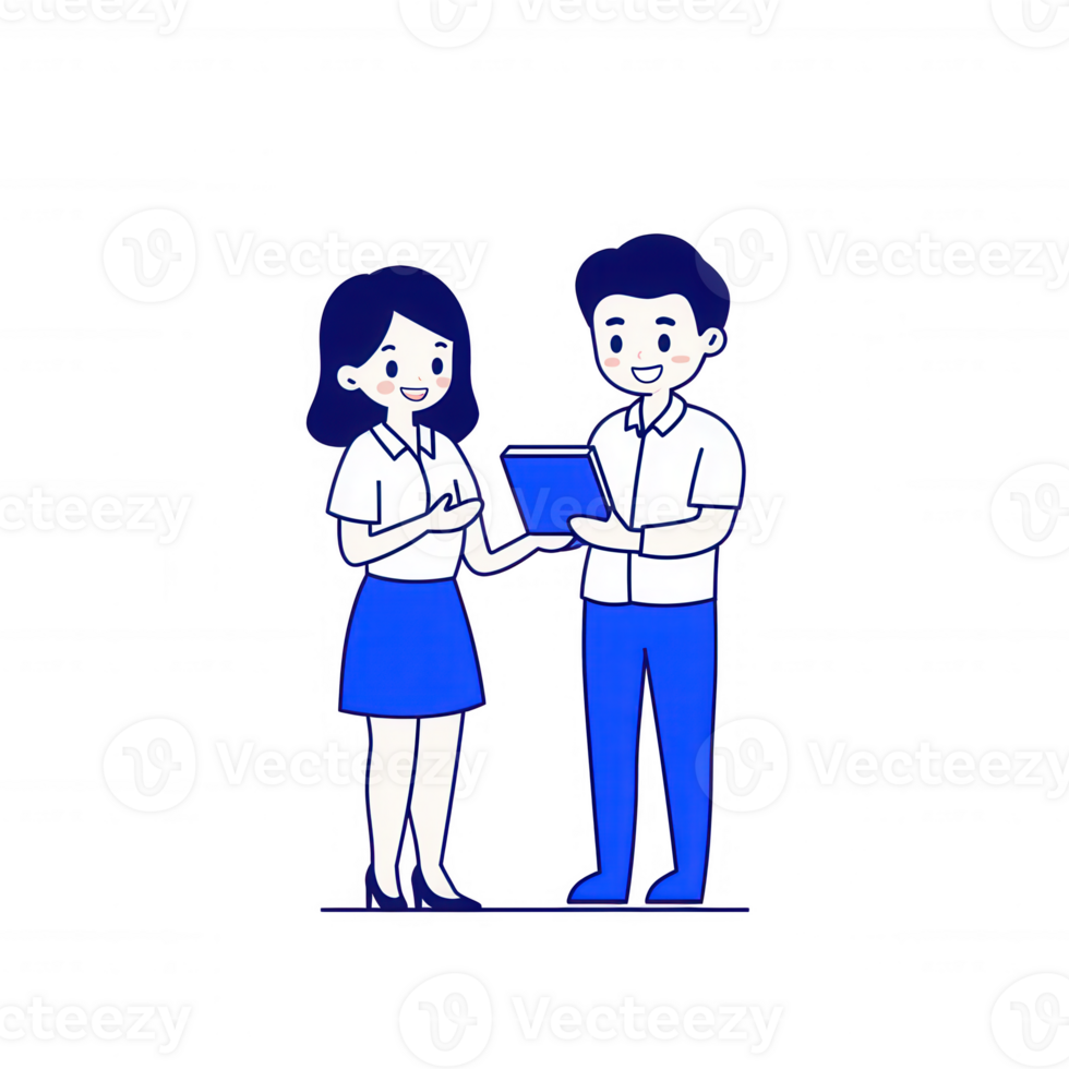 Two professionals smiling and discussing a project while holding a tablet. Ideal for conveying teamwork and collaboration in a modern work environment. png