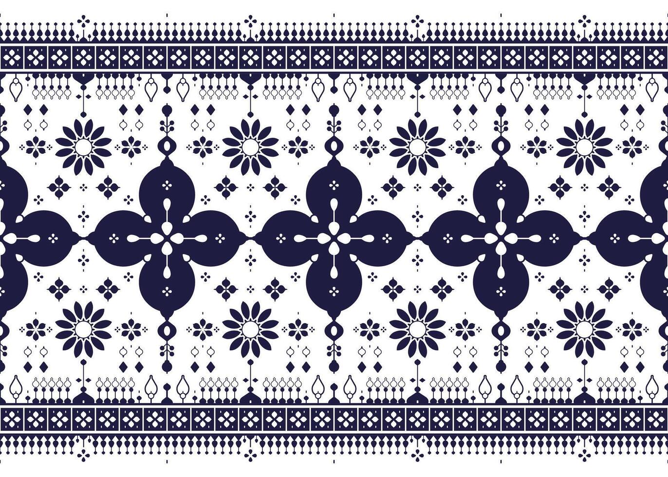 Floral, ethnic fabric seamless pattern, blue and white style, design for cloth, carpet, batik, wallpaper, wrapping etc. vector