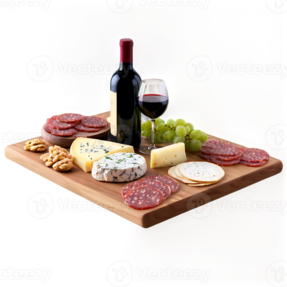 Wine bottle with glass charcuterie board cheeses grapes walnuts and salami assortment png