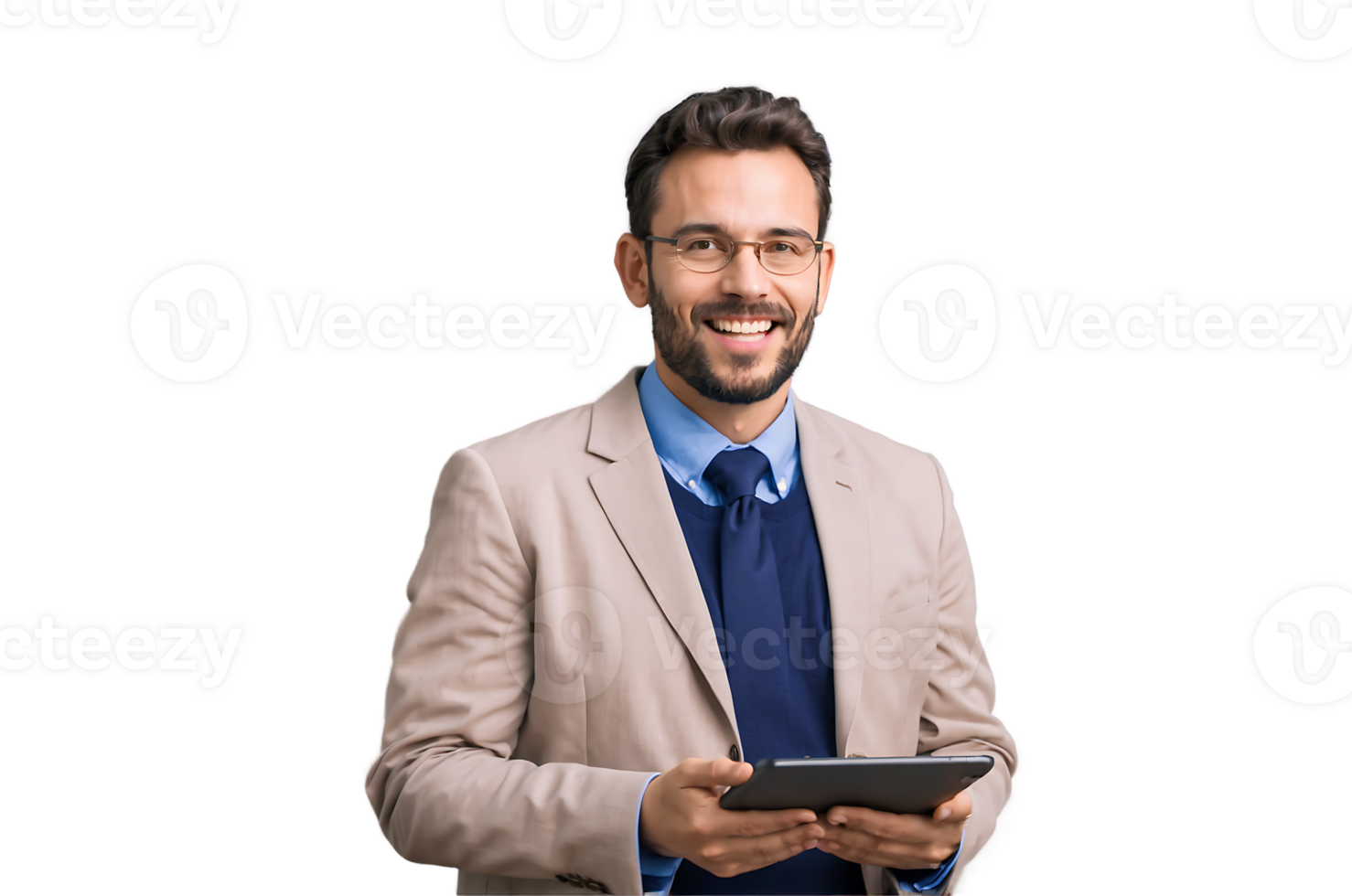 Happy businessman wearing glasses holding tablet smiling dressed in business attire and blazer png