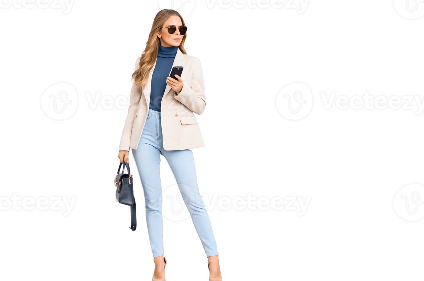 Elegant woman in stylish outfit holding phone and handbag in a fashionable outdoor setting png