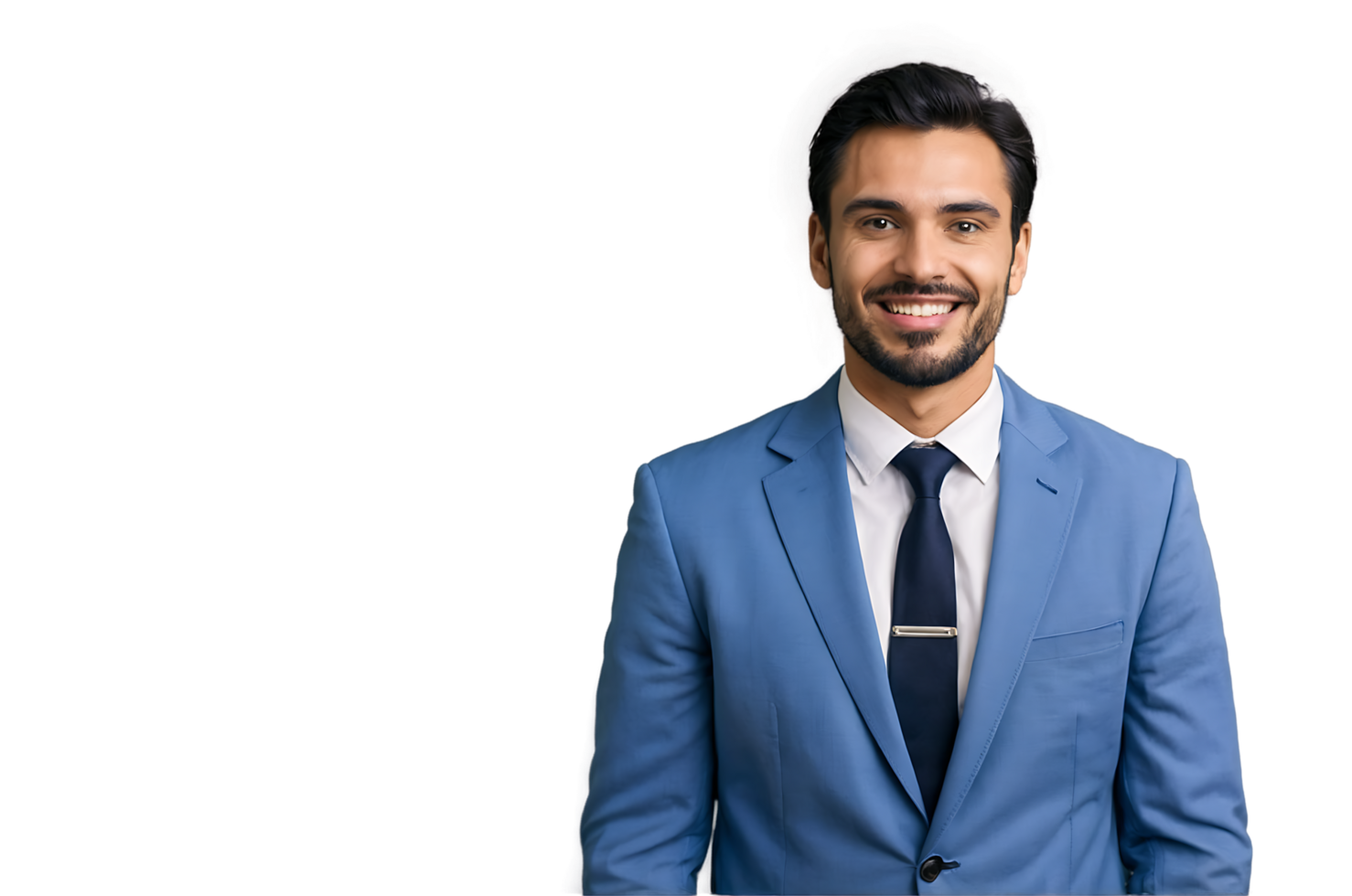 Smiling businessman wearing blue suit with dark tie and tie clip posing for a portrait png