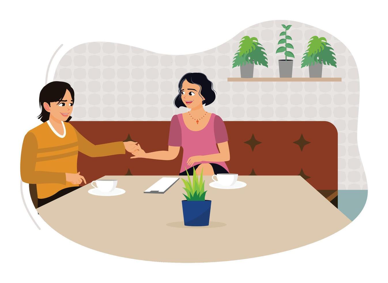 Female coworkers drink coffee together and chat with each other. vector