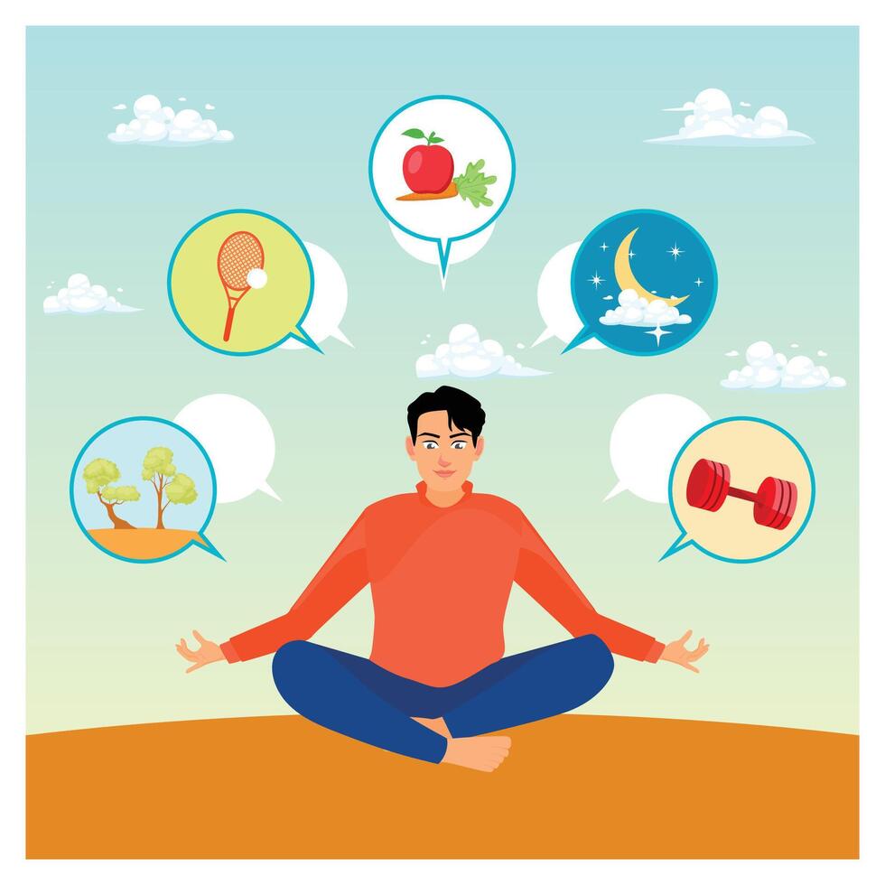 Meditating Man Surrounded by Symbols of Healthy Lifestyle Choices. vector