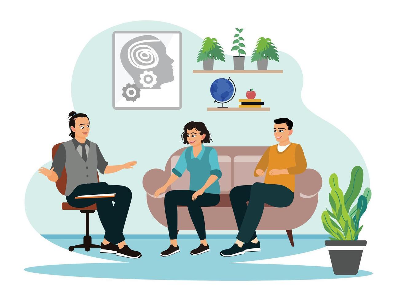 People engaged in a therapy session discussing concepts and emotions. vector