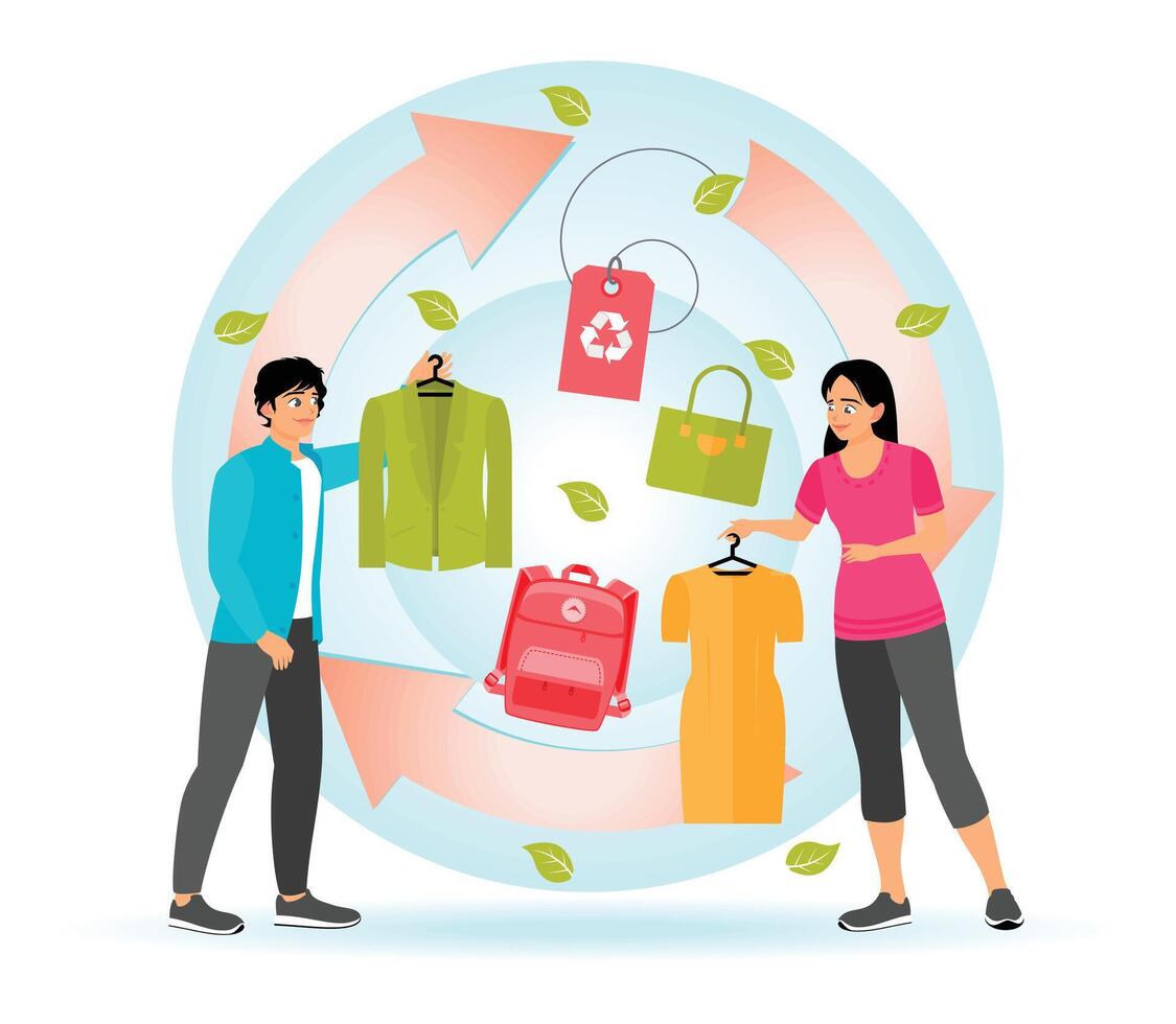 Two Individuals Promoting Sustainable Clothing Exchange for Environmental Awareness. vector