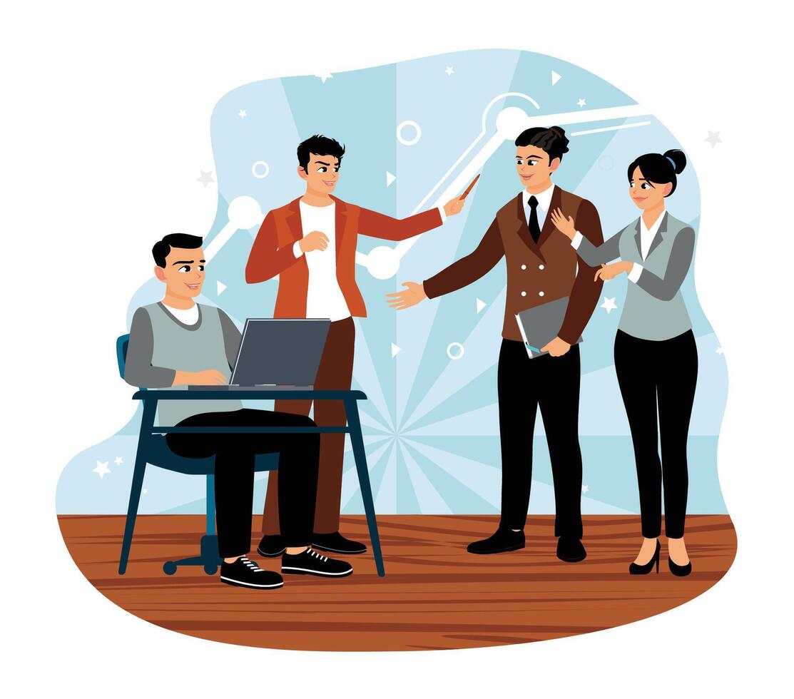 Professional team collaborating in a modern office setting with digital devices. vector