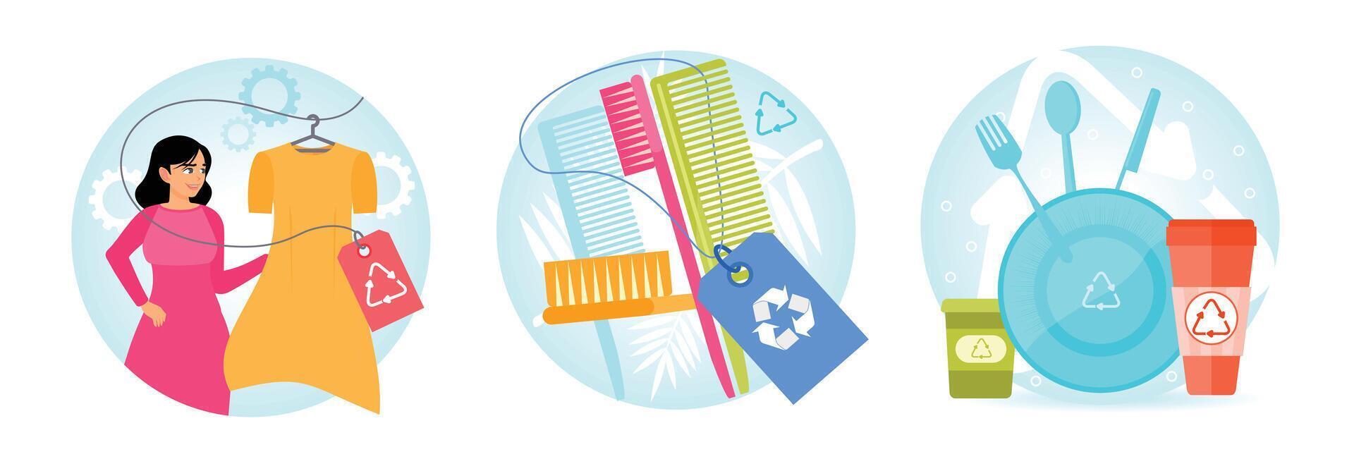 Eco-Friendly Fashion. Sustainable Bamboo Combs. Biodegradable Disposable Tableware. vector