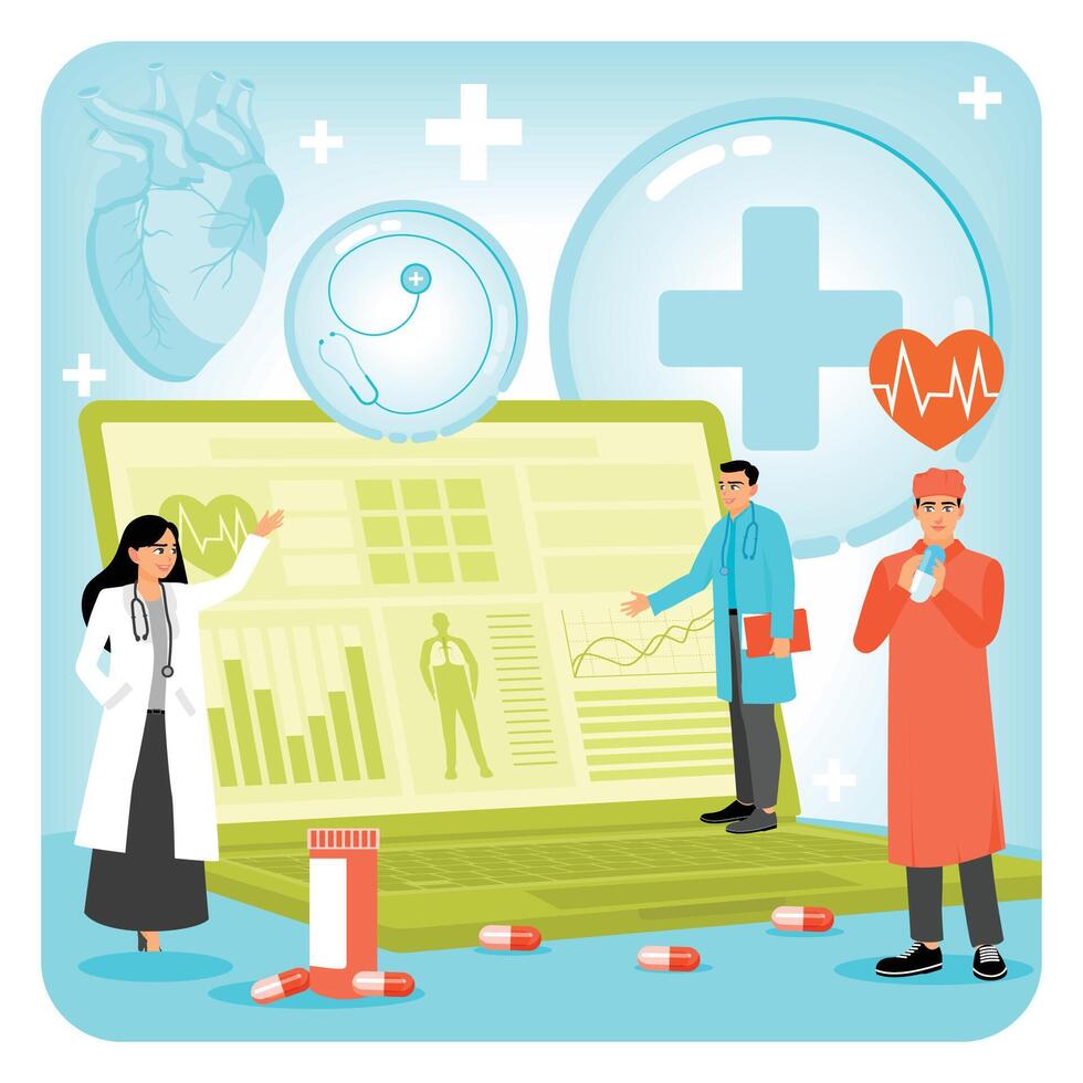 Healthcare Professionals with Medical Technology and Data-Driven Tools in a Modern Setting. vector