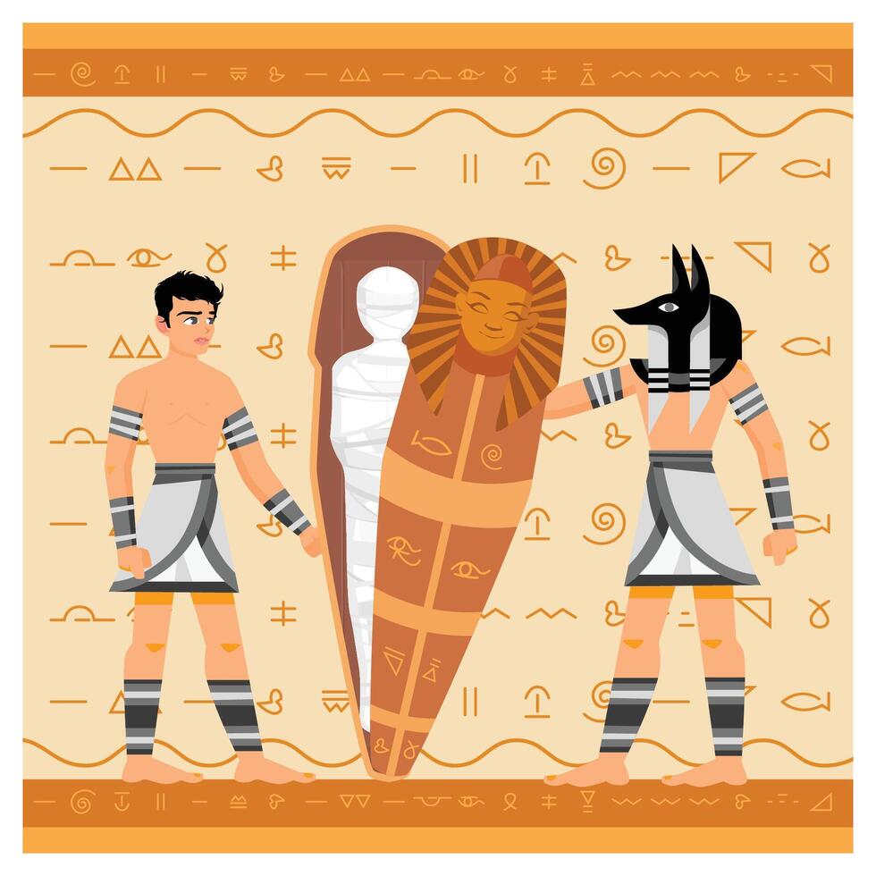 Ancient Egypt, Mummification Scene with Characters and Hieroglyphic Background. vector