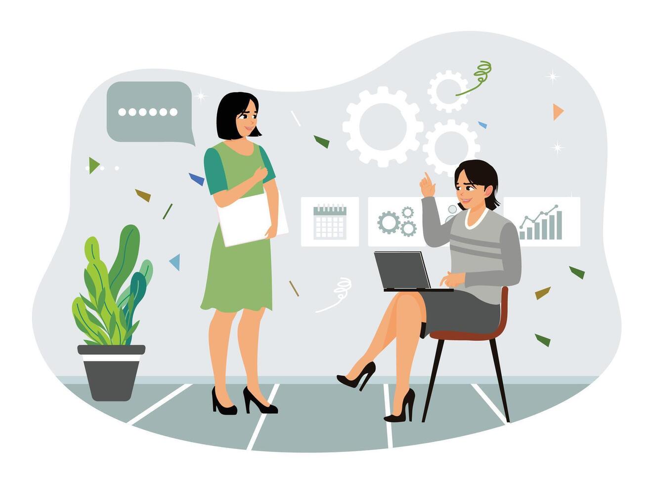 Two female employees discussing a business project in the office via laptop. vector