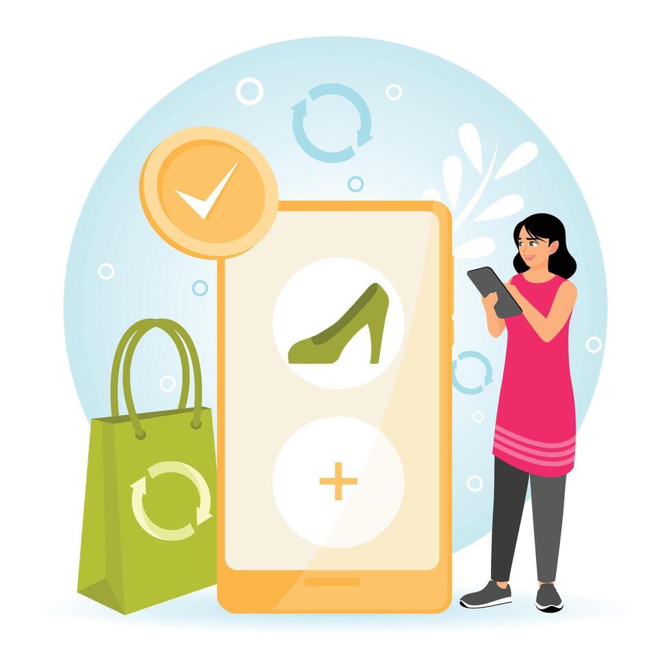 Woman Consciously Buying Recycling Eco Friendly or Used Second Hand Shoes. vector