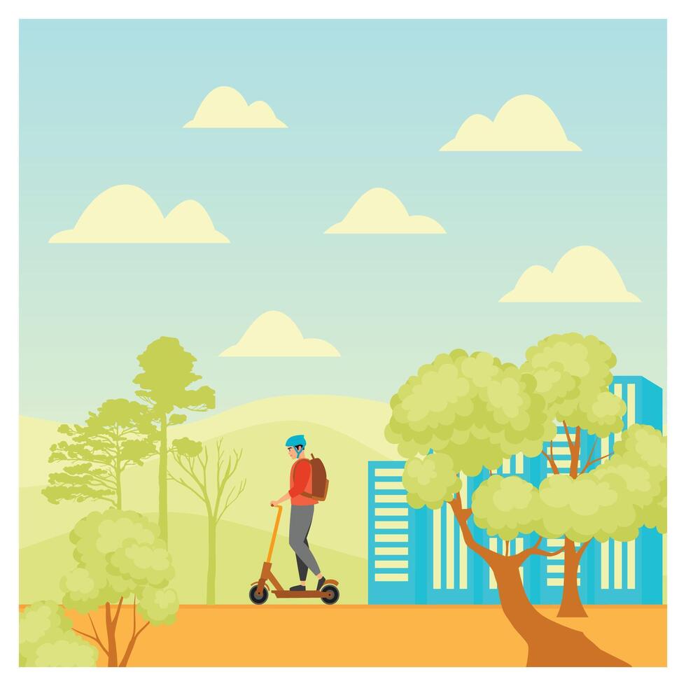Person Riding Electric Scooter in Urban Park With Trees and Skyline. vector