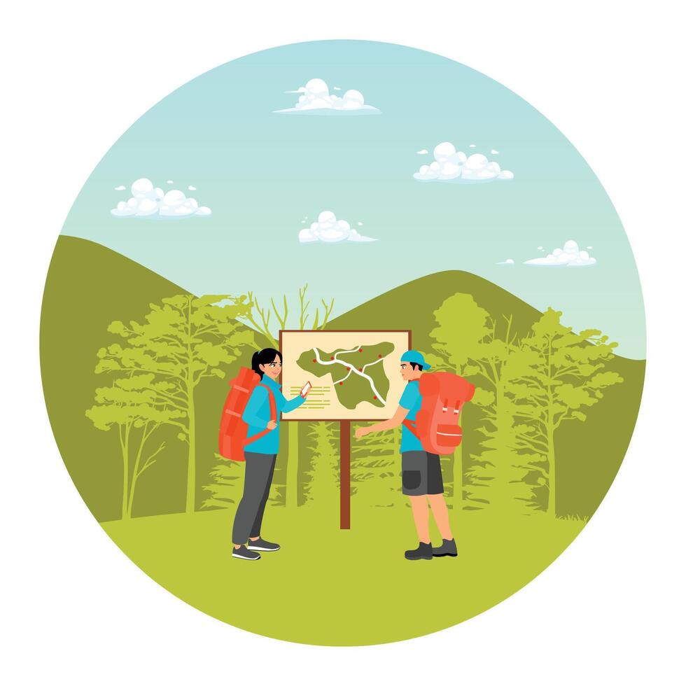 Romantic Young Couple Checking Hiking Route Map on Beautiful Mountain. vector