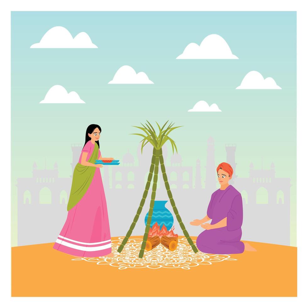 Indian Celebration, Depicting Pongal Rituals and Cultural Festivities. vector
