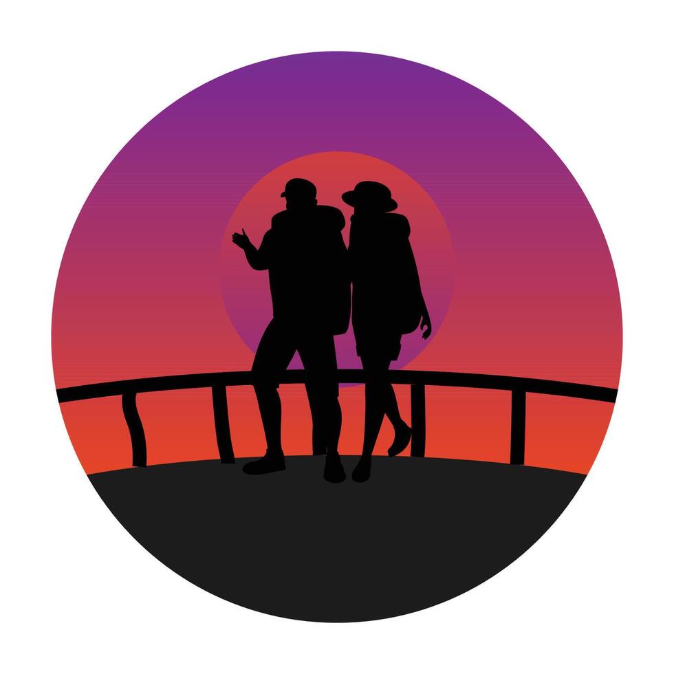 Silhouette of Couple on Journey Travel Trek During a Vibrant Sunset Evening. vector