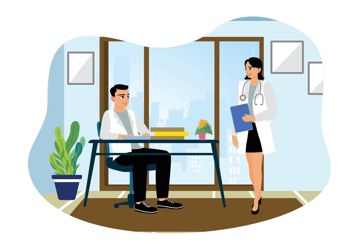 Doctors discuss patient diagnosis in modern office environment. vector