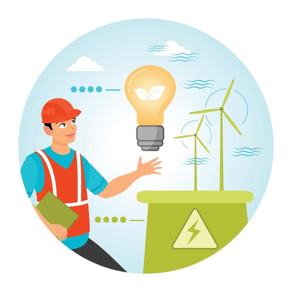 Engineer Inspecting a Wind Turbine for Renewable Energy. vector