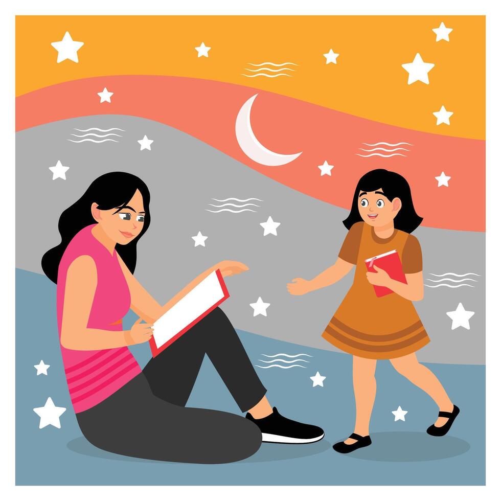 Mother and Daughter Reading Together Under a Starry Sky. vector