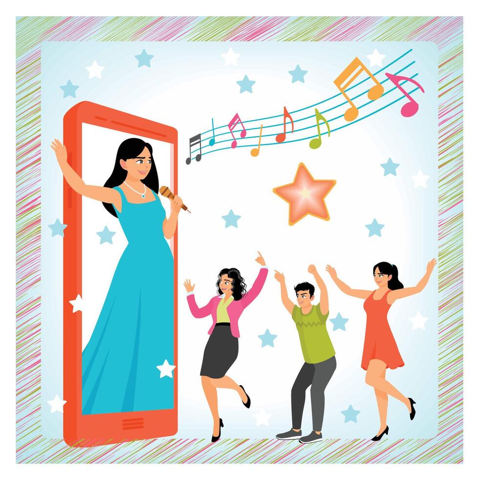 Virtual Concert Celebration With Singing and Dancing on a Live Streaming App. vector