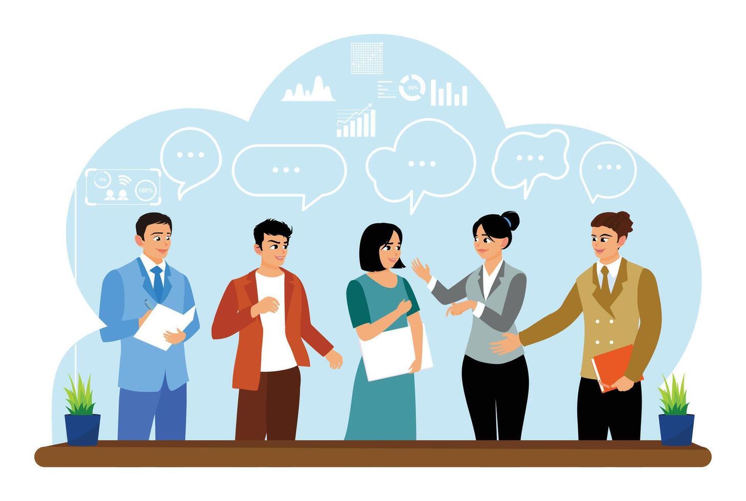Professional colleagues collaborating in an office setting with speech bubbles. vector