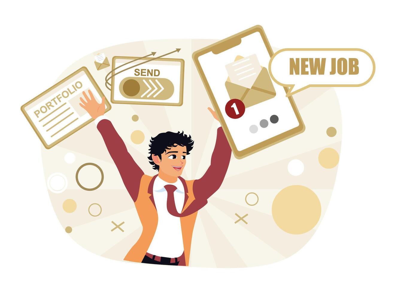 A man in a tie celebrates success at a new job. vector